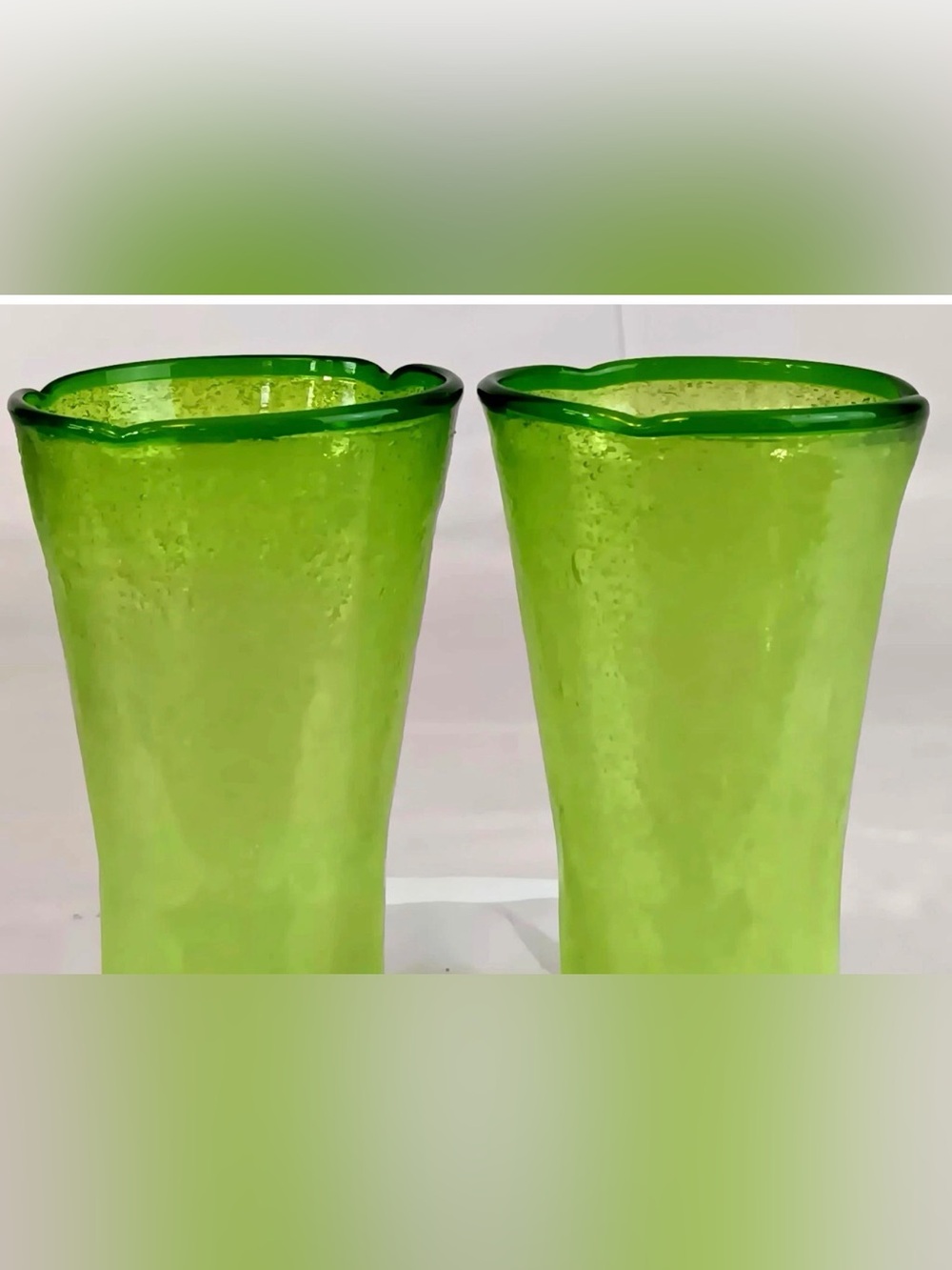 Set of 2 JOLLY RANCHER GREEN APPLE Hand Blown Bubbled Art Glass Tumblers 5.5”